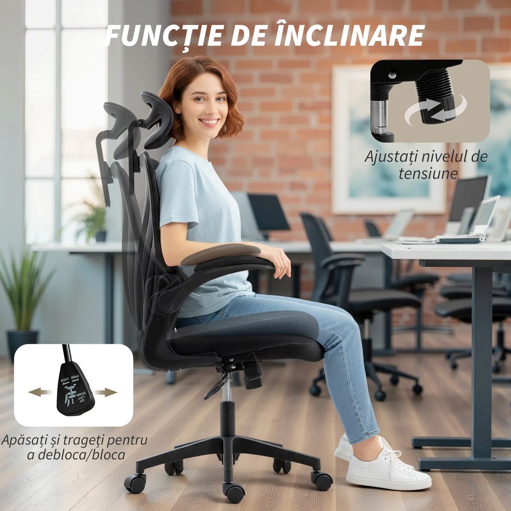 HOMCOM Scaun de Birou Ergonomic cu Brațe Rabatabile și Spătar Pliabil, Scaun de Birou cu Funcție Balansoar, Tetieră Reglabilă, Șezut Rotativ, Negru | Aosom Romania