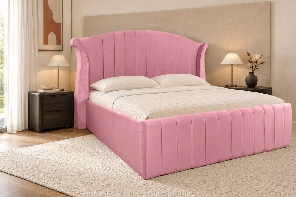 Pat tapițat din catifea Sorella Simple Line 180×200 cm, roz, cu ladă de depozitare
