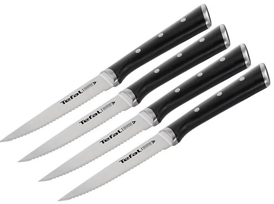 Tefal - Set de 4 cuțite pentru steak din oțel inoxidabil ICE FORCE, 11 cm, crom/negru