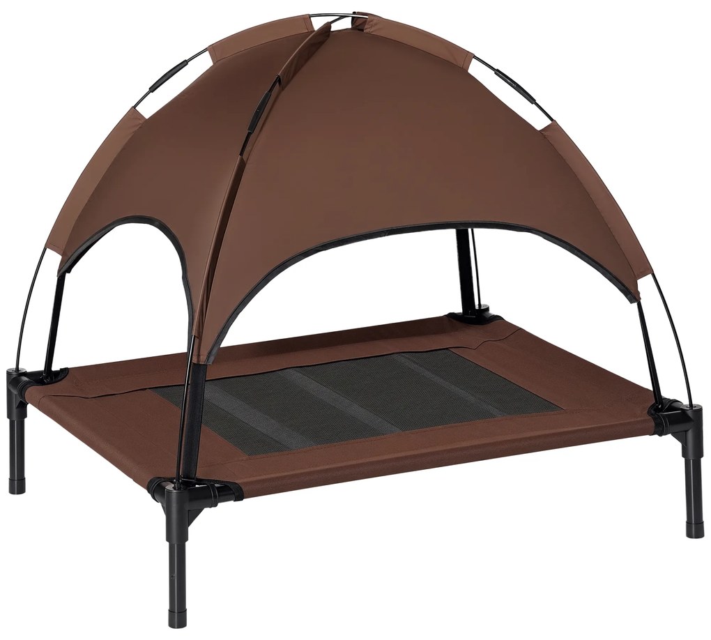PawHut Pat înălțat pentru câini cu baldachin, pat pentru animale de companie, pat pentru câini de exterior cu acoperiș, respirabil, material textil pentru camping Cafea 76 x 61 x 73 cm | Aosom Romania
