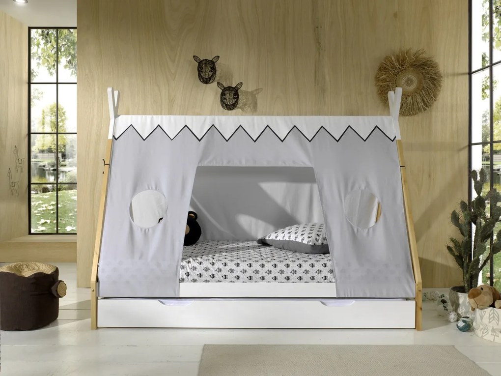 Set TIPI este format din Pat copiiul înălțat fără gard (90 x 200 cm), un sertar alb și un set textil asortat.