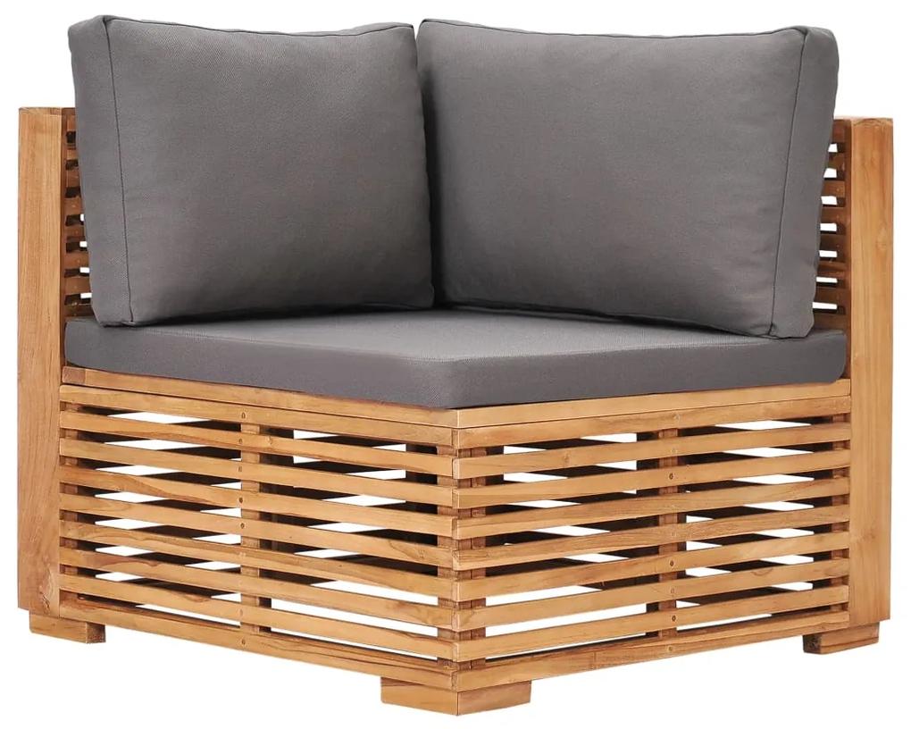 Set mobilier gradina cu perne gri inchis 6 piese lemn masiv tec Morke gra, 2x colt + mijloc + fotoliu + 2x suport pentru picioare, 1