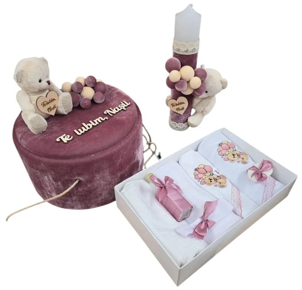 Set Botez Personalizat Trusou 8 piese in cutie rotunda catifelata + Lumanare - "Cu drag de la nasi" - Ursulet, Roz - SPB-89