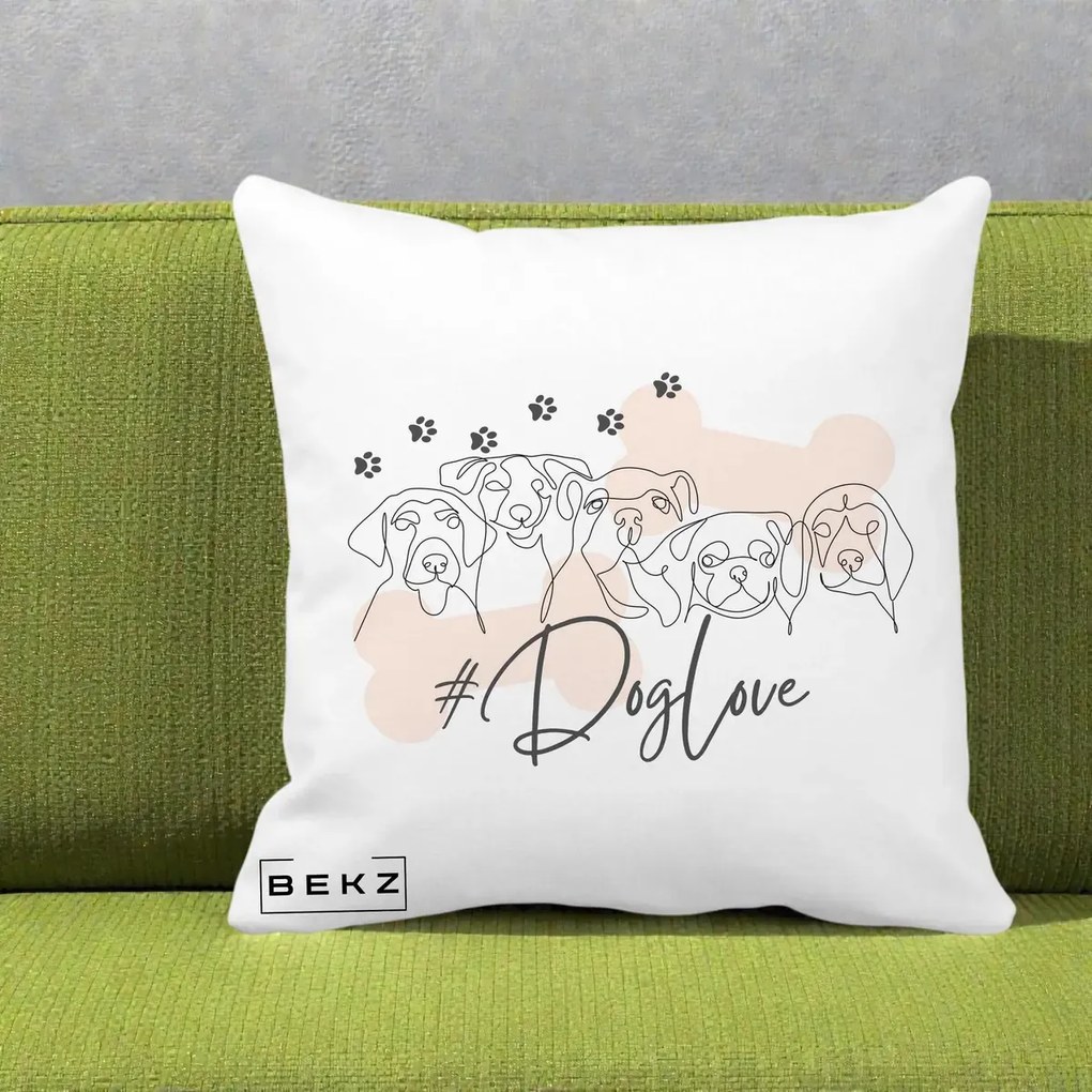Perna Personalizata Dog Love Linie Minimalista, 40x40 cm, Alba Mata, Husa Detasabila, Perna Inclusa, BEKZ®