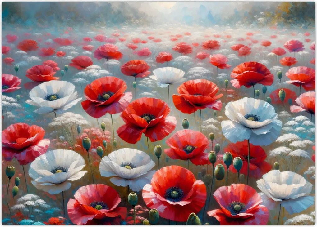 Tablou pe sticlă - Câmp de maci (70x50 cm)