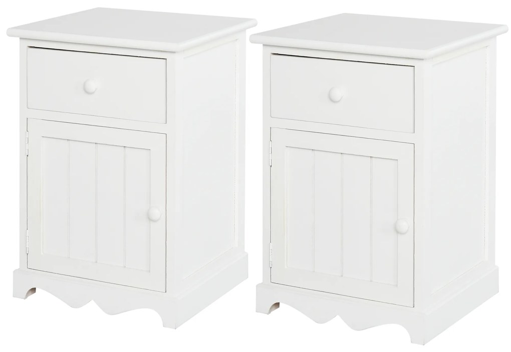 HOMCOM Set Noptiera cu 2 piese din Lemn cu Sertar si Dulap Design Retrò, 35x30x49cm Culoarea Alba | AOSOM.ro