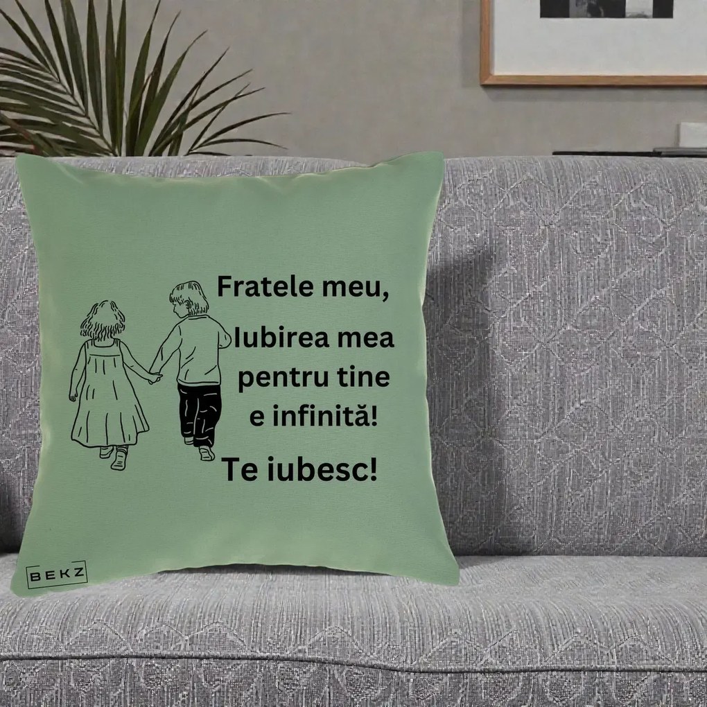 Cadou pentru Frate - Perna Personalizata Fratele Meu Te Iubesc Copii Tinand Maini Varianta 2, 40x40 cm, Verde, Husa Detasabila, Perna Inclusa, BEKZ®
