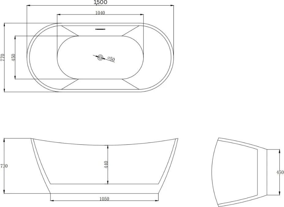 Cada baie freestanding slim 170 x 77 cm, ovala cu preaplin, Bella Foglia 1700x770 mm