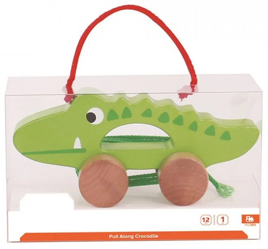 Jucarie educativa de tras din lemn masiv NOVOKIDS™ My first Tiny Crocodile, Cu roti, Motricitate , Cu sfoara de tractare, Materiale Eco, Verde
