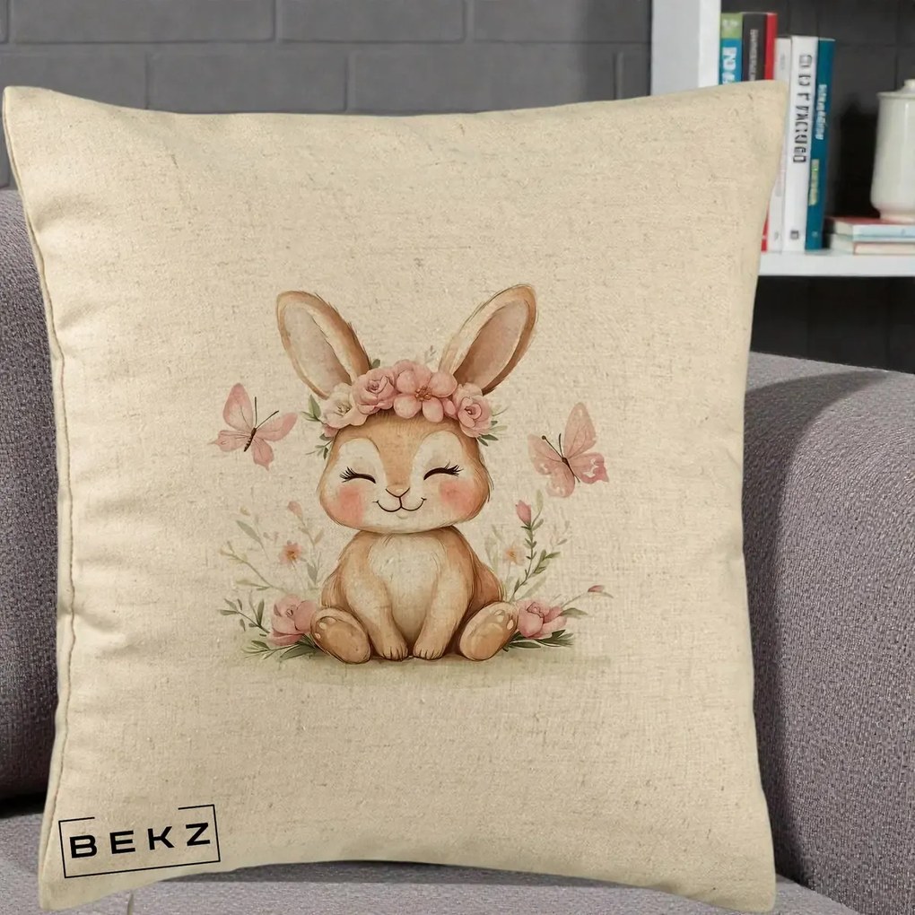 Perna Decorativa Iepuras cu Coronita Florala Roz, 40x40 cm, Bej, Husa Detasabila, Perna Inclusa, BEKZ®