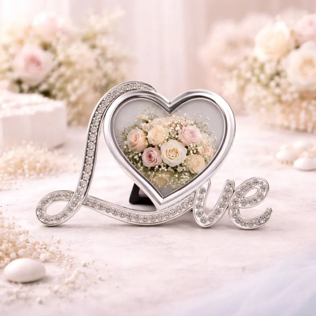 Ramă Foto AZAY Love cu Cristale, 8x8 cm, Ramă Foto Inimă pentru Cuplu, Cadou Romantic, Cadou Nuntă, Cutie Cadou Inclusă
