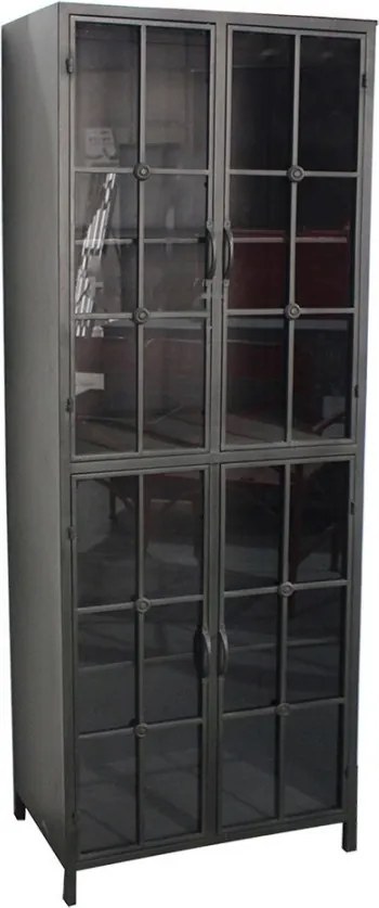 Dulap vitrină industrial din metal, negru, cu 4 uși vitrate, 4 rafturi și ochiuri de fereastră, 141 x 60 x 43 cm, „Fenetre”