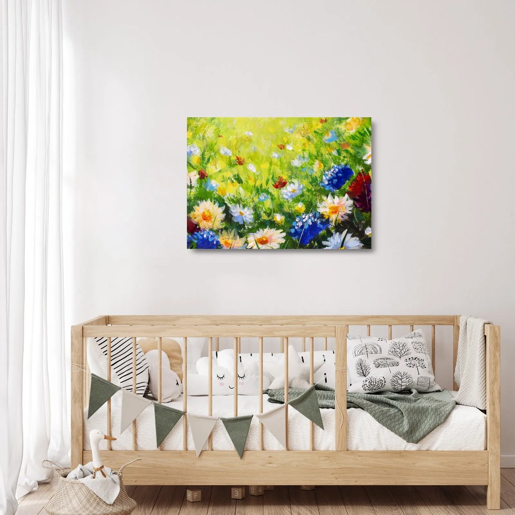 Tablou pe sticlă - Pictură în ulei, pajiște înflorită (70x50 cm)
