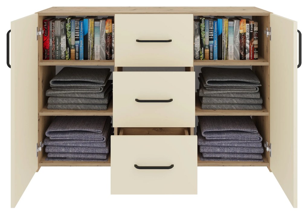 Comoda Malmo, 3 Sertare, 2 Usi, Stejar Artisan/Argila, 120 x 42 x 80 cm