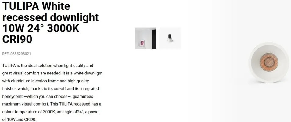 Spot LED incastrabil TULIPA White recessed downlight 10W 24° 3000K CRI90