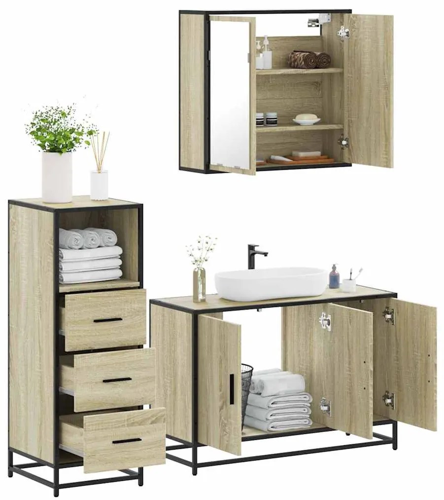 vidaXL Set mobilier de baie, 3 piese, stejar sonoma, lemn prelucrat