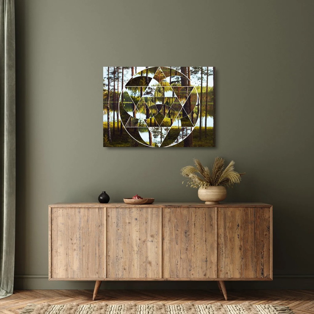 Tablou pe sticlă - Colaj geometric pe fundalul pădurilor nordice (70x50 cm)