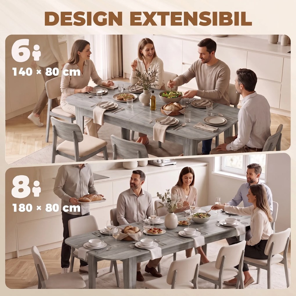 HOMCOM Masă Ovală Extensibilă pentru Dining, 140-180 cm, Gri Efect Lemn | Aosom Romania