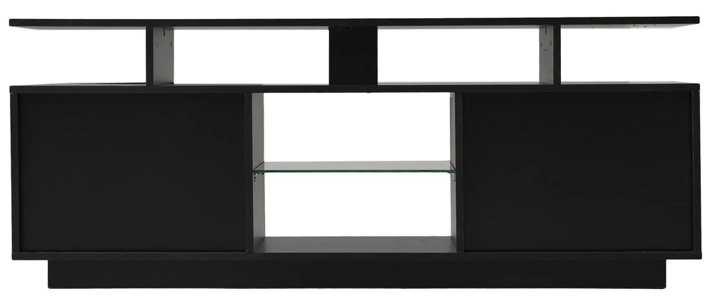 Mobilier TV modern cu iluminare LED în 16 culori, panou frontal lucios, raft din sticlă, 140×35×55 cm, Negru