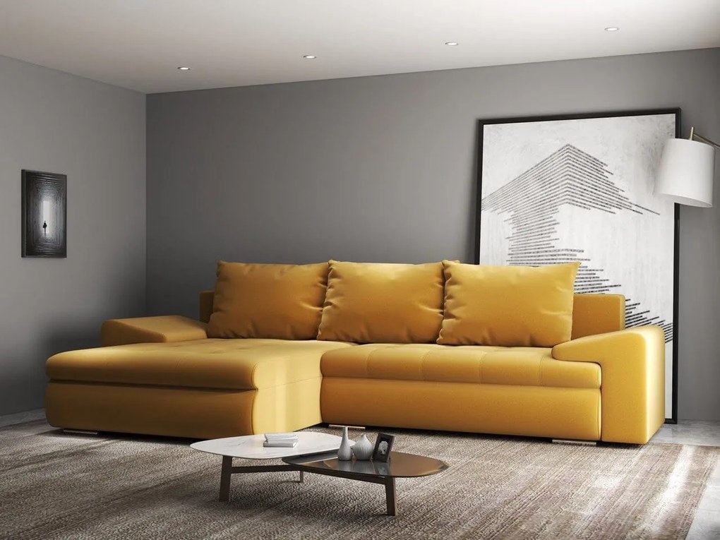 Colțar extensibil dumonde cu ladă de depozitare si sezut confortabil din spuma high-density, Leonardo Royal Mustar 260x185 cm