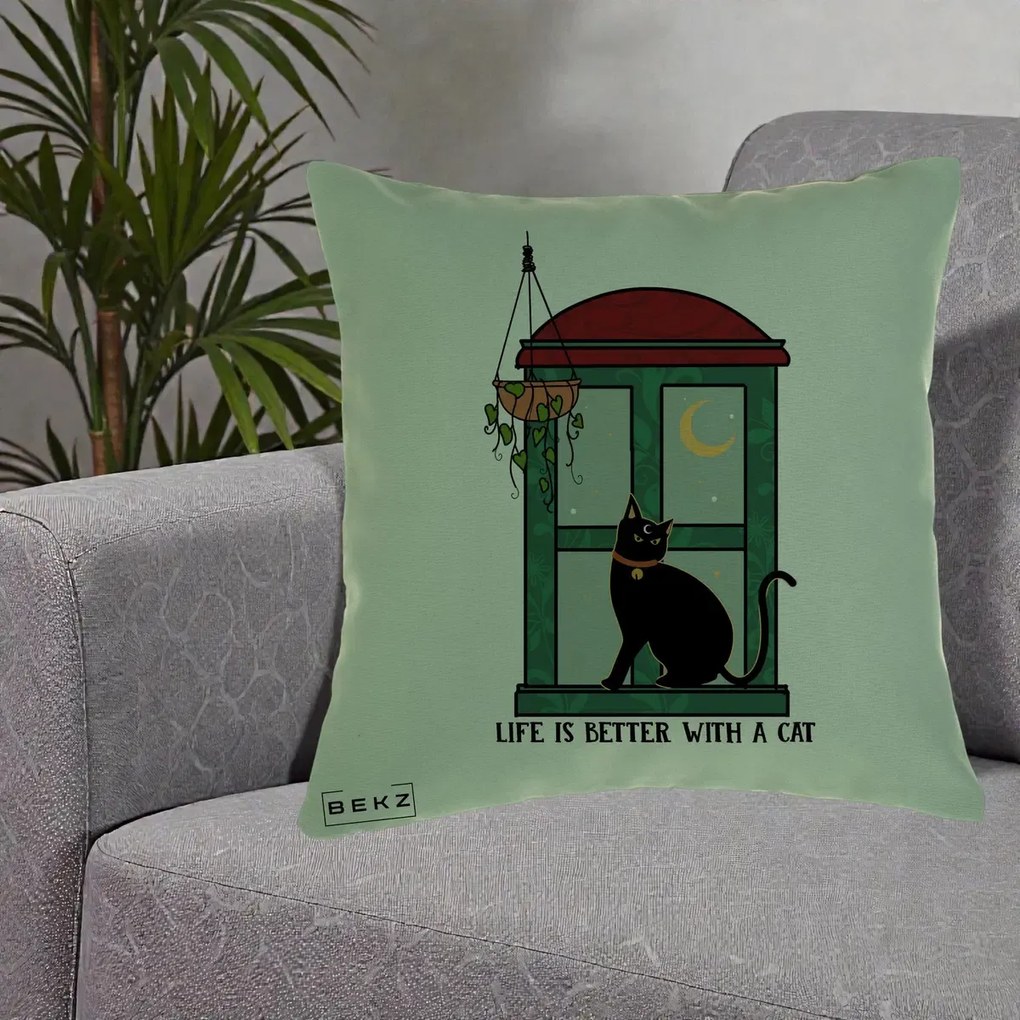 Perna Personalizata Life is Better with a Cat Geam, 40x40 cm, Verde, Husa Detasabila, Perna Inclusa, BEKZ®