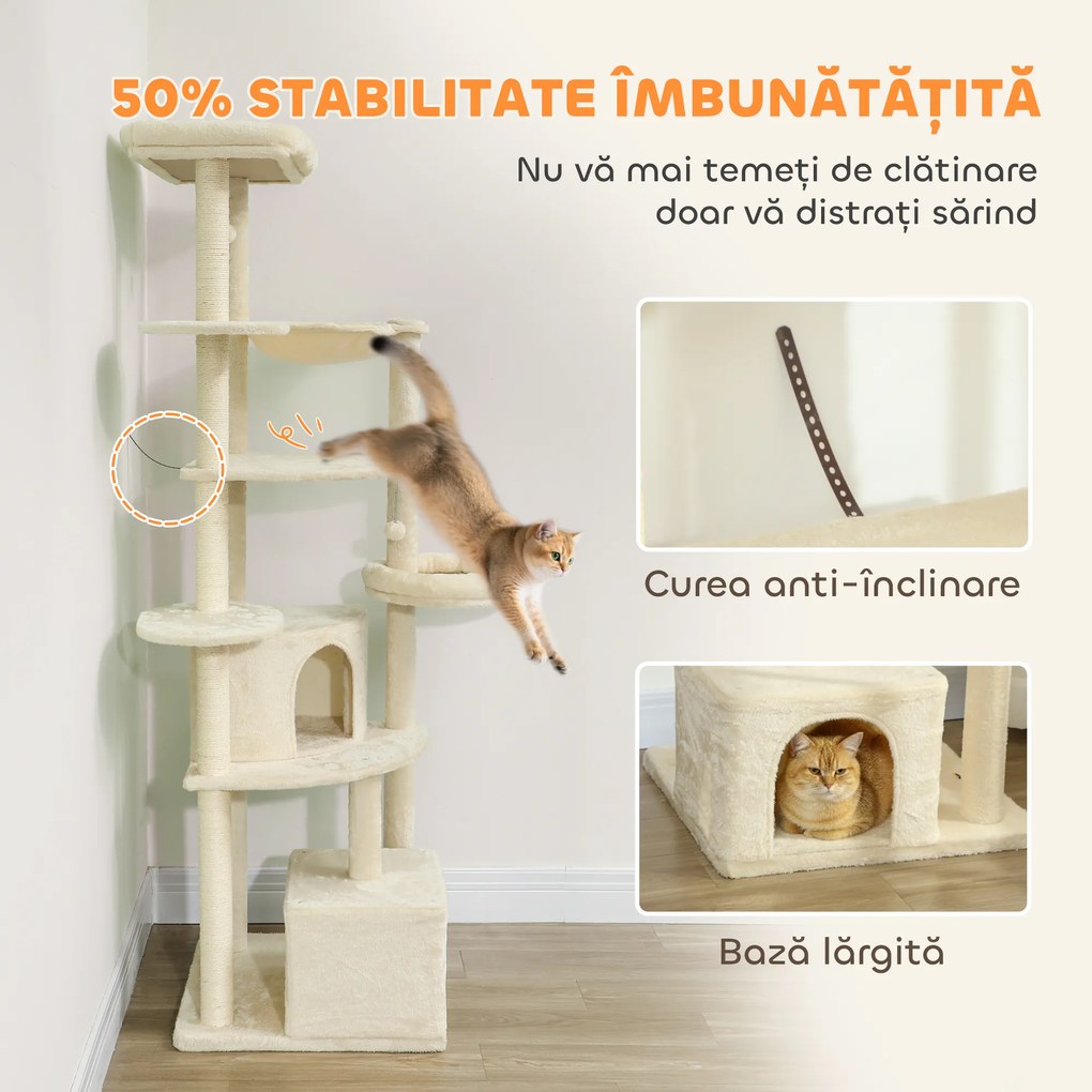 PawHut Ansablu de joacă pentru pisici, 2 căsuțe, 2 paturi și hamac, 200cm, bej | Aosom Romania