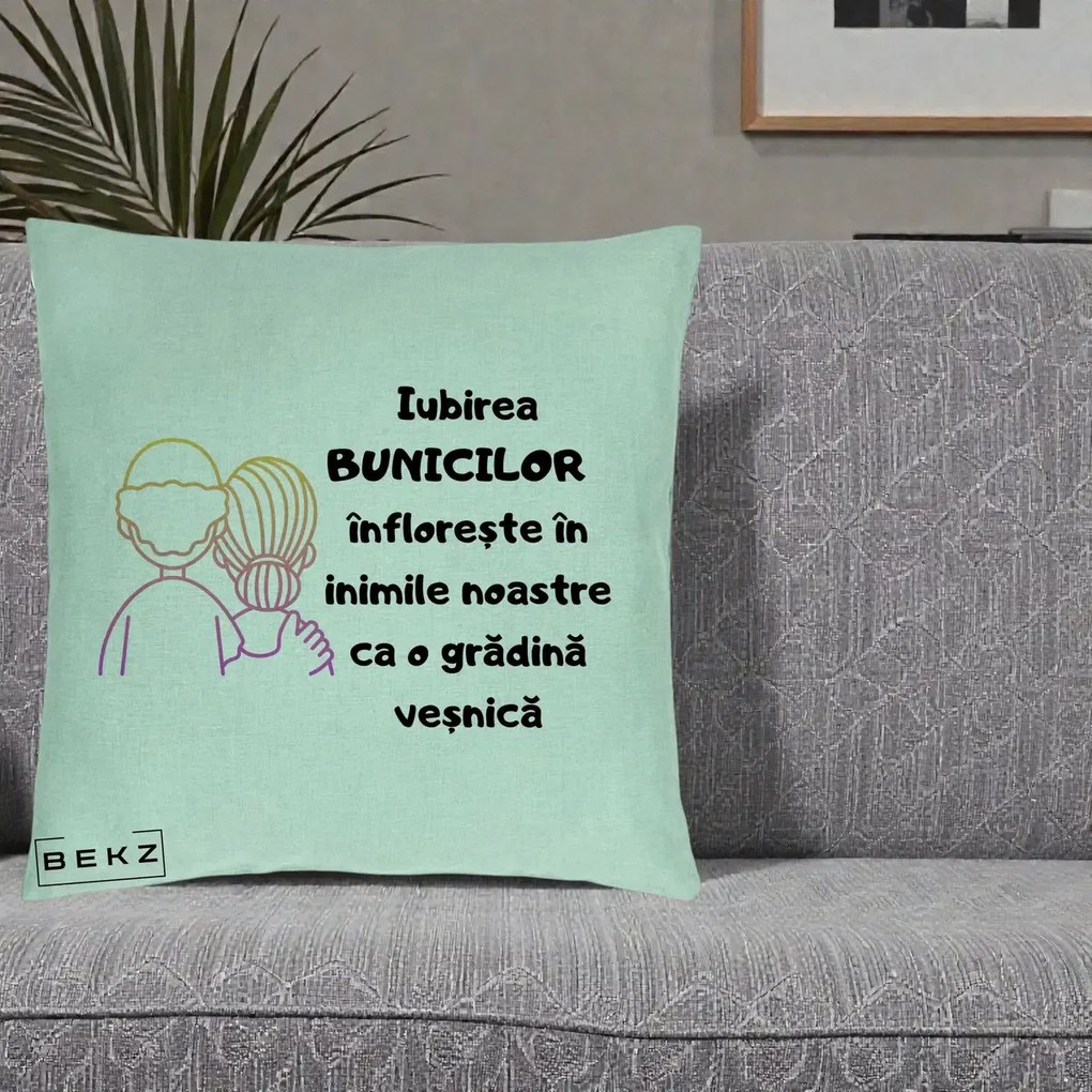 Cadou pentru Bunici - Perna Personalizata Iubirea Bunicilor Infloreste Cuplu Line Art Gradient, 40x40 cm, Verde Menta, Husa Detasabila, Perna Inclusa, BEKZ®