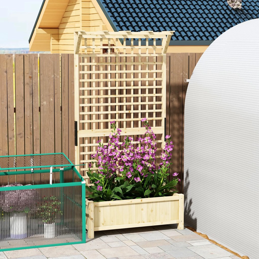 Outsunny Jardinieră Înălțată cu Găuri de Drenaj, Ghiveci din Lemn cu Spalier pentru Plante Cățărătoare, Legume, Flori, Culoare Naturală | Aosom Romania