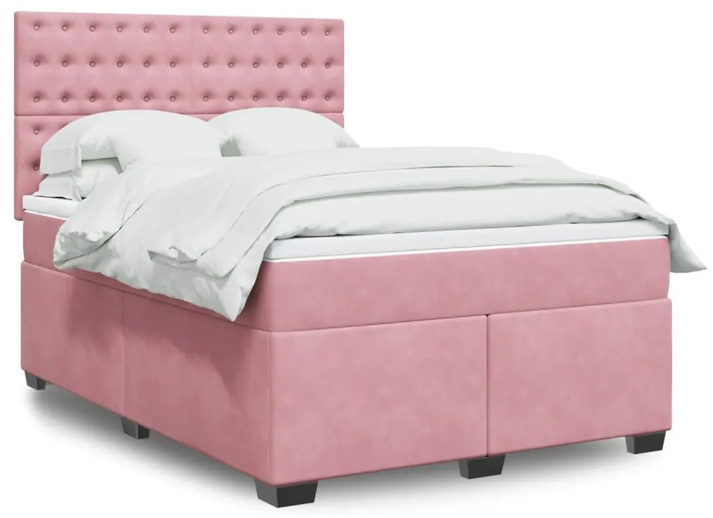 vidaXL Pat box spring cu saltea, roz, 140x200 cm, catifea