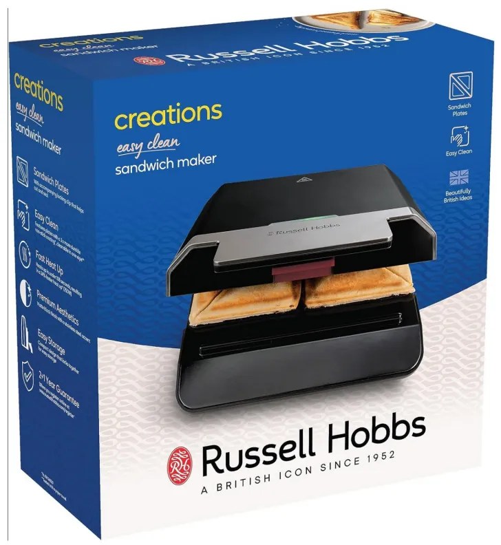 Sandwich Toaster Russell Hobbs Creations 26800-56, 750W, 4 felii, Placi neaderente, Incalzire rapida, Indicatoare, Negru/Inox