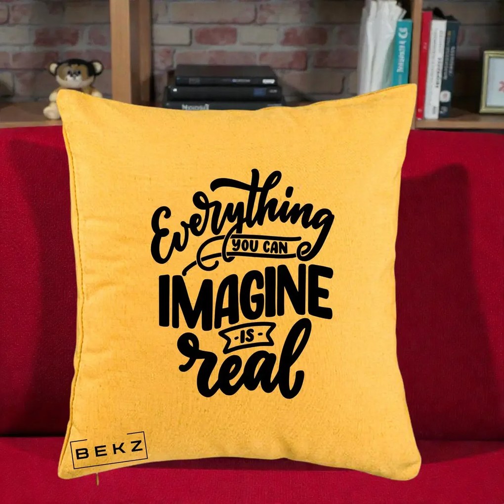 Perna Decorativa Everything You Can Imagine Is Real, 40x40 cm, Galben, Husa Detasabila, Perna Inclusa, BEKZ®