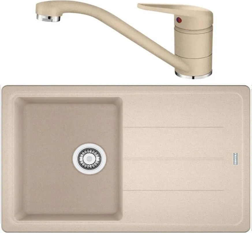 Set chiuveta bucatarie compozit Franke Basis Avena 1 cuva cu picurator 78x50 cm finisaj bej mat cu baterie Novara Plus