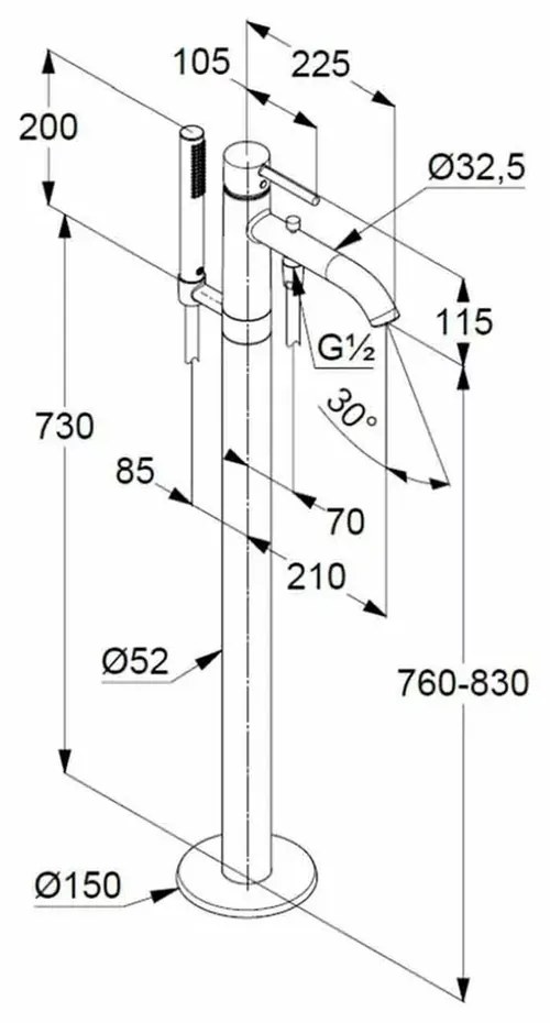 Baterie cada sau dus freestanding crom, monocomanda Kludi Bozz 385900576 Crom lucios