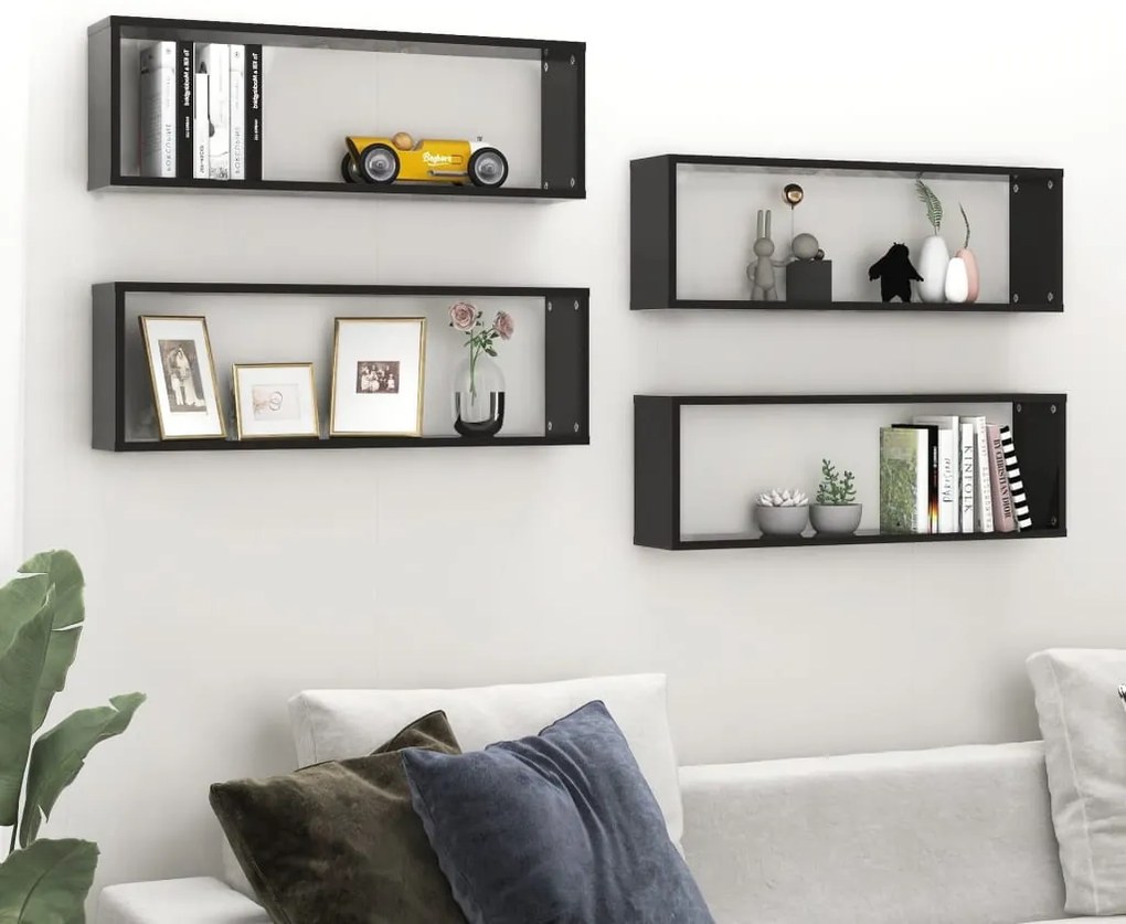 vidaXL Rafturi de perete cub 4 buc negru extralucios 80x15x26,5 cm PAL
