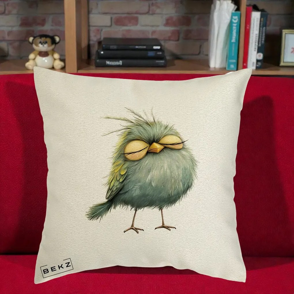 Perna Decorativa Pasare Teal Adormita cu Ochi Galbeni, 40x40 cm, Ecru, Husa Detasabila, Perna Inclusa, BEKZ®