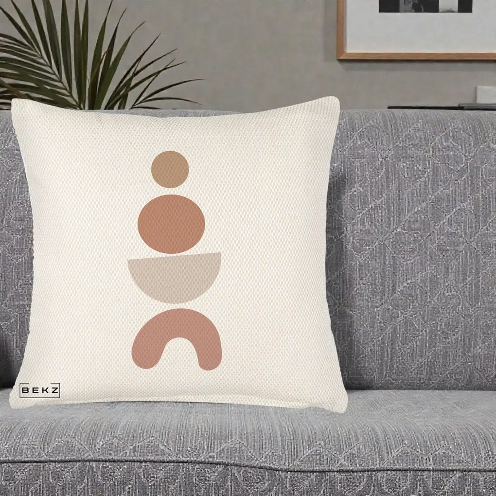Perna Decorativa Geometric Boho Cercuri si Arc, 40x40 cm, Crem Reliefat, Husa Detasabila, Perna Inclusa, BEKZ®