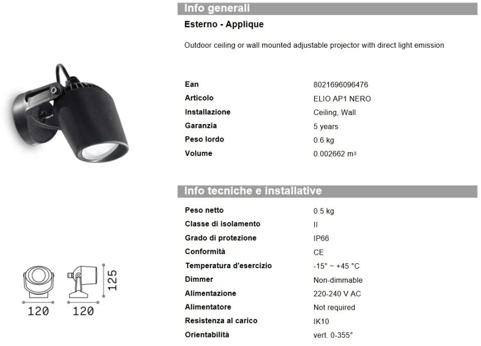 Aplica de perete exterior IP66 Elio ap1