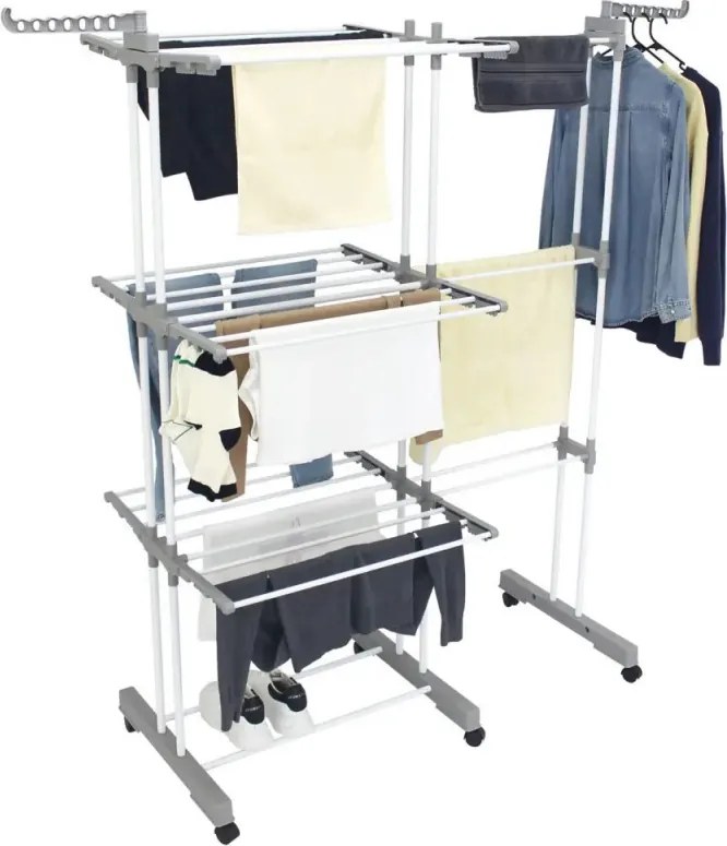 Uscător de rufe Kinghoff KH 2044, 30 m, până la 30 kg, 3 niveluri, roți, oțel, alb/gri