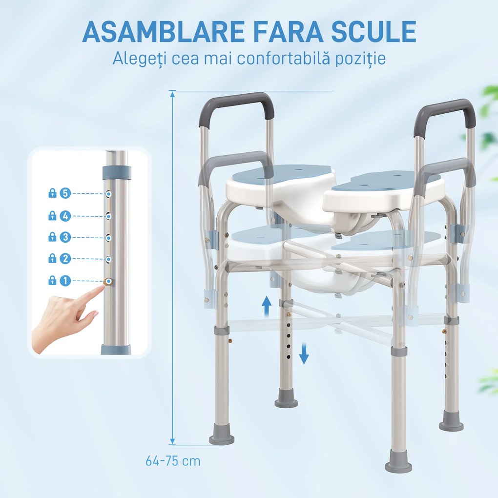 HOMCOM Scaun de Duș cu Brațe, Înălțime Reglabilă și Orificii pentru Scurgerea Apei, 53x36x64-75 cm, Albastru | Aosom Romania