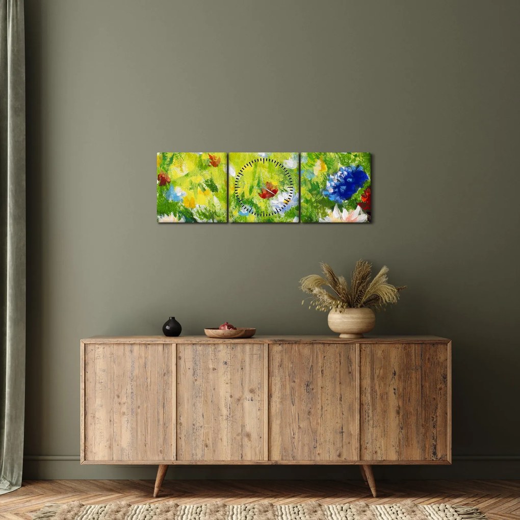 Tablou - Pictură în ulei, pajiște înflorită (cu ceas) (90x30 cm)