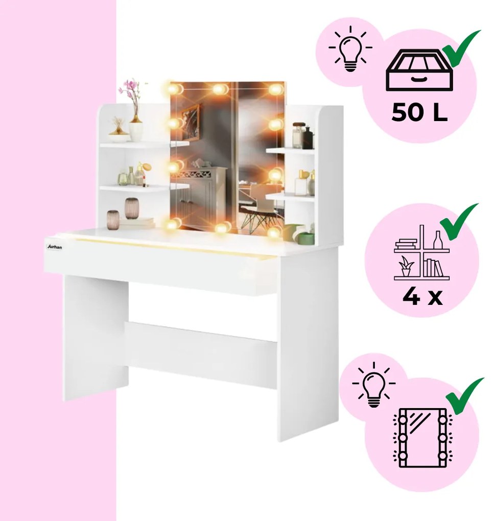 Masă de toaletă LUCIA cu iluminare, 108x40x140cm, alb Jurhan