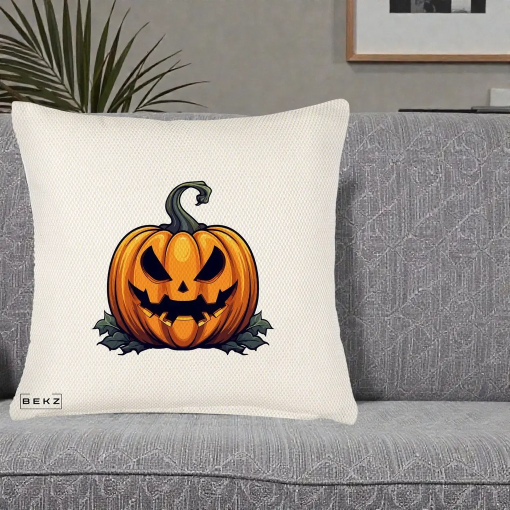 Perna Decorativa Halloween Jack-o'-Lantern Infricosator, 40x40 cm, Crem Reliefat, Husa Detasabila, Perna Inclusa, BEKZ®