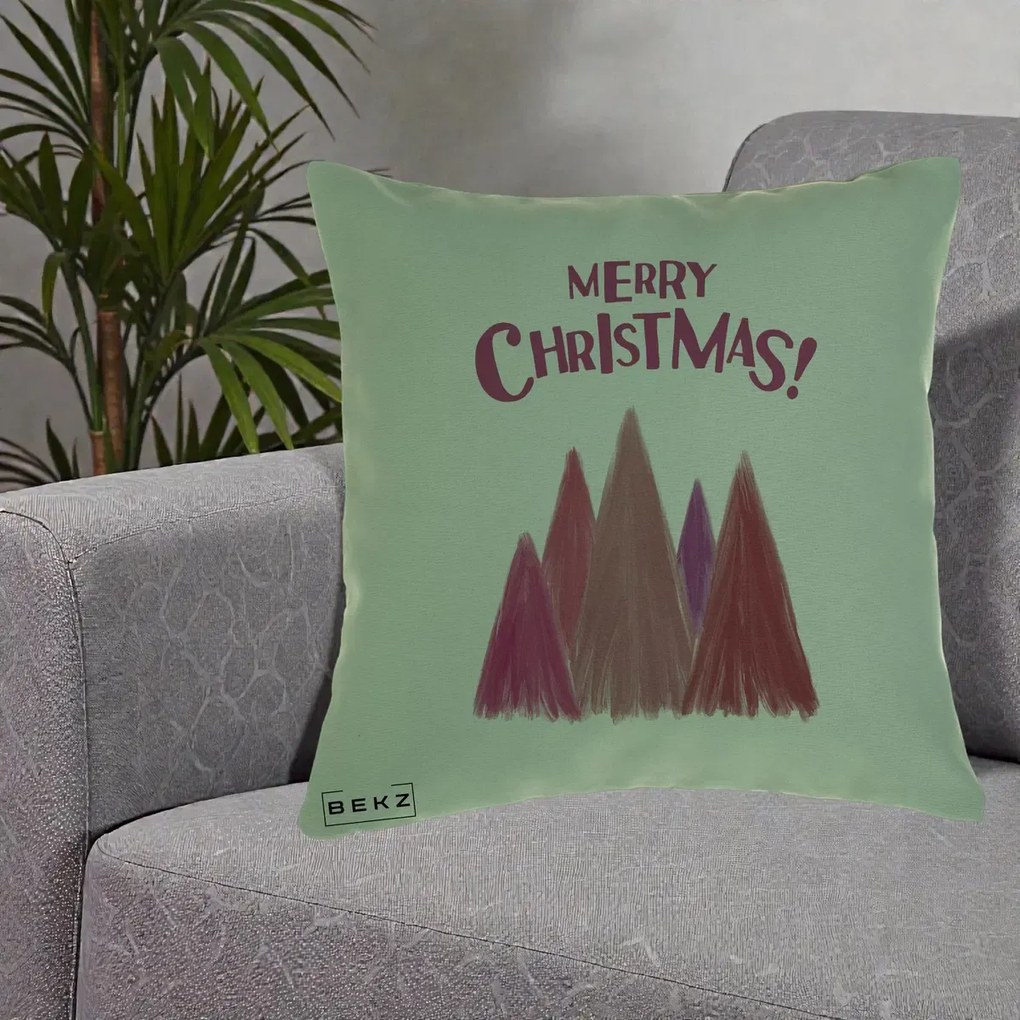 Perna Decorativa Merry Christmas Brazi Roz, 40x40 cm, Verde, Husa Detasabila, Perna Inclusa, BEKZ®