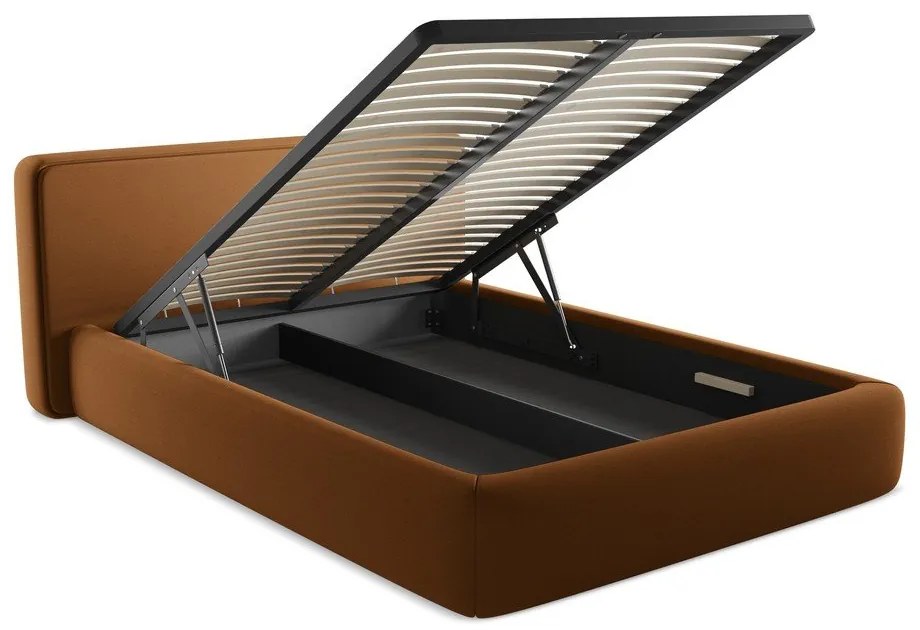 Pat matrimonial teracotă tapițat cu spațiu de depozitare cu somieră 140x200 cm Kiana – Makamii