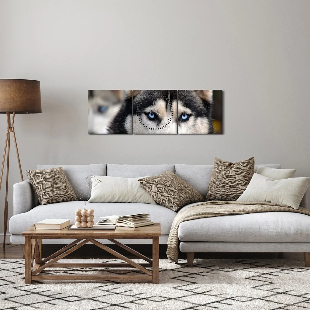 Tablou cu câinele husky (cu ceas) (90x30 cm)