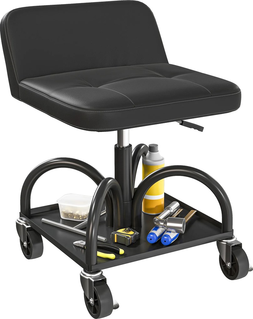 HOMCOM Scaun de atelier cu roți spațiu depozitare, 58,5 cm înălțime, scaun rulant până la 135 kg Negru | Aosom Romania