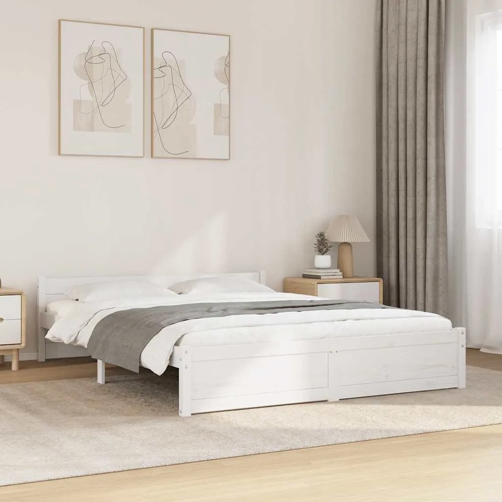 vidaXL Cadru de pat dublu, alb, 135x190 cm, lemn masiv