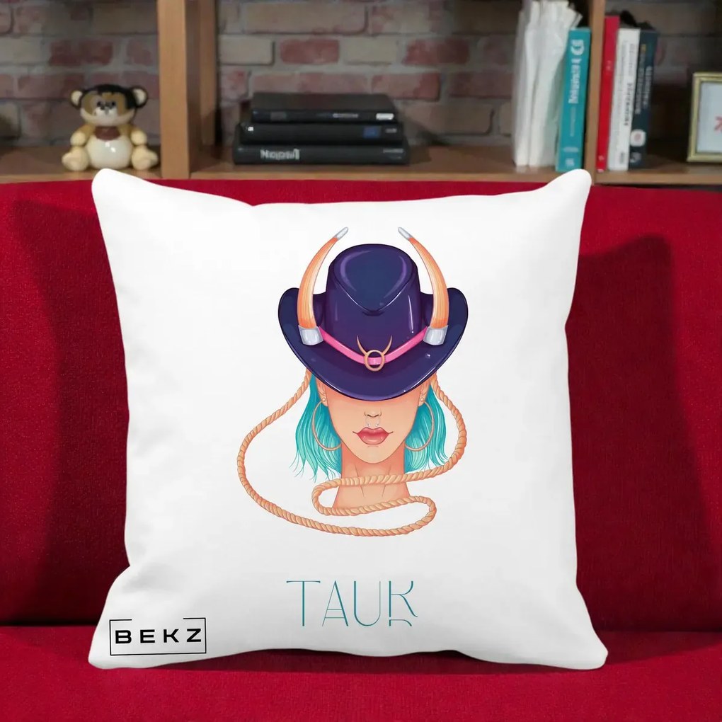 Perna Personalizata Zodie Taur, 40x40 cm, Alba Mata, Husa Detasabila, Perna Inclusa, BEKZ®