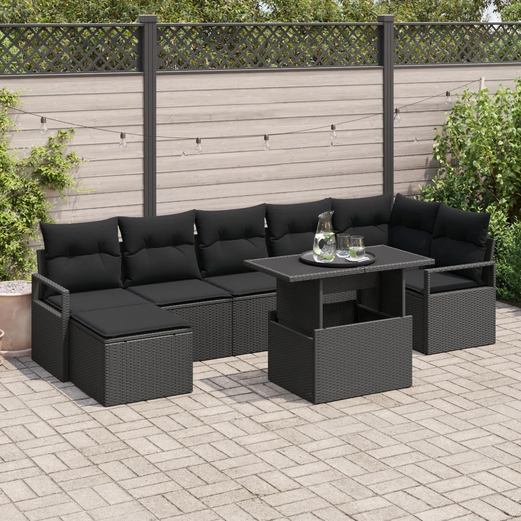 vidaXL Set canapea de grădină 8 piese, cu perne, ratan poliester negru