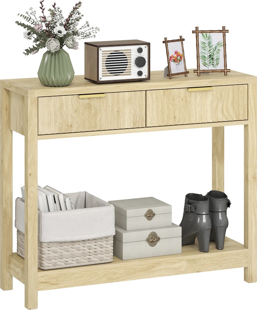 HOMCOM Consolă 90 cm, masă consolă îngustă cu 2 sertare canelate și raft, stil modern, lemn natural | Aosom Romania